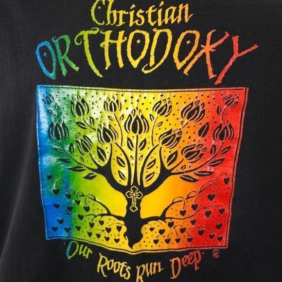 Christian Orthodoxy T Shirt Vintage 90s Roots Run Deep Rainbow Cross Mens XL - Picture 2 of 6